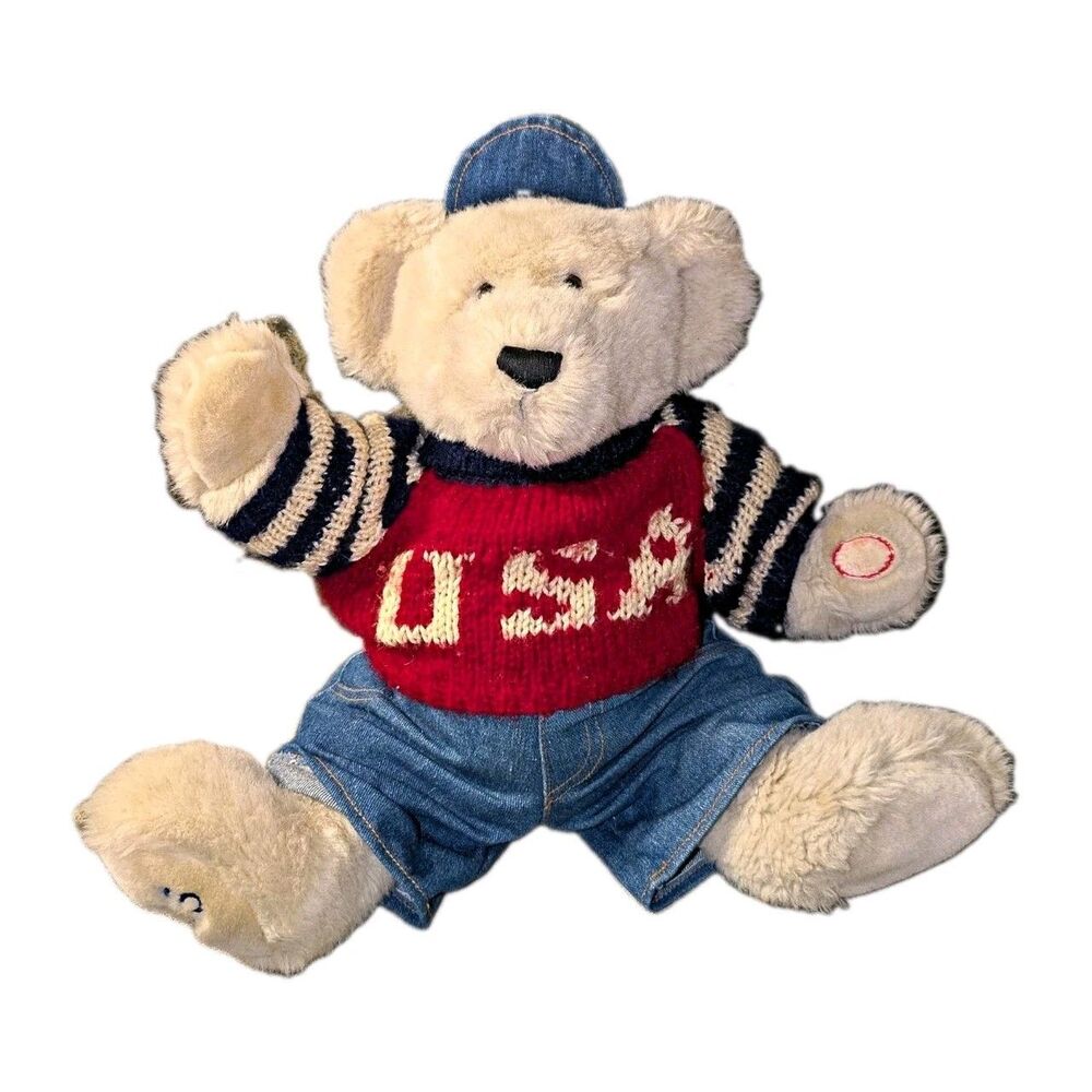 Singing Plush Teddy Bear with USA Sweater, Denim Pants & Hat Patriotic 2003